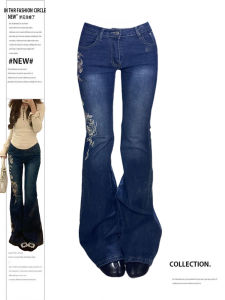 Quần Jeans Denim Ống Loe Rộng Cạp Lửng Thêu Hoa Cổ Điển Mới Mùa Hè 2025 Quần Dài Ôm Dáng Phong Cách Đường Phố Cho Nữ