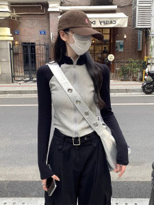 เสื้อยืดแขนยาวทรงสลิมฟิตสำหรับผู้หญิง ดีไซน์ซิปสไตล์อเมริกัน ชุดชั้นใน ชุดกีฬา ฤดูใบไม้ร่วง ทรงเข้ารูป ทรงสั้น สำหรับผู้หญิงตัวเล็ก