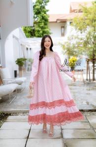 mẫu từ khóa: P008-002 PIMNADACLOSET - Square Neck Long Sleeve Loose Stripe Midi Dress