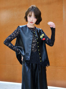 Black PU Vegan Leather Lace Cherry Brooch Vest