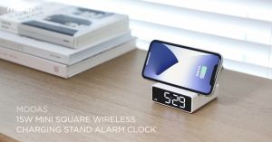 mooas 15W Mini Square Wireless Charging Stand Alarm Clock Digital clock Fast wireless charger Wireless charger Alarm & Snooze Adjustable brightness Desk clock Bedroom clock Office clock