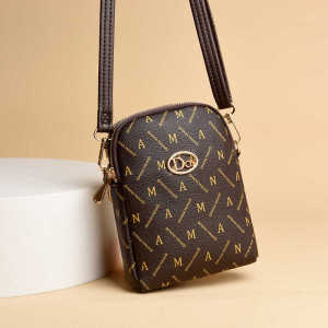 New Womens Crossbody Phone Bag Dual-Layer Zippered Printed Shoulder Bag Vertical Soft Leather Bag for Mature Women with Geometric Pattern