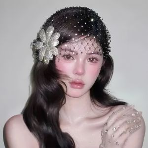 Elegant Vintage Bridal Headwear Rhinestone Flower Mesh Hat Decor Classy Luxury Ladylike Style Wedding Accessory Pu Leather
