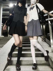 Pure K-style Womens Uniform Set: Slim-fit Short-sleeved T-shirt and Skirt Design with Ruffles for a Slimming Effect