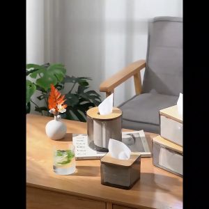 LD-C999 Tempat Tissue Transparan Estetik Tutup Kayu Minimalis / Kotak Tissue Box Wadah Tisu