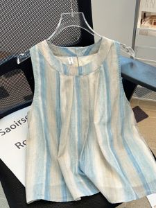 เสื้อเชิ้ตแขนกุดลายทางสไตล์ฝรั่งเศสสำหรับผู้หญิงในช่วงฤดูร้อนปีนี้ เสื้อผ้าเด็กทรงหลวมๆ สไตล์เกาหลี ผ้าโพลีเอสเตอร์