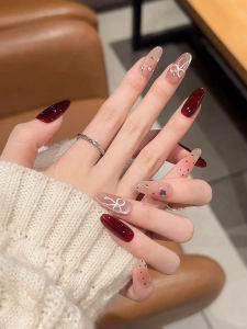 Hand-Painted Butterfly Knot Wearable Nails Christmas New Year Red Nail Art Autumn Winter High-End Feeling Suitable for Pregnant Women