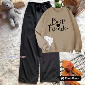 Setelan Sweater Oblong Wanita Atau Remaja Kekinian BEST FRIENDS Bahan FLEECE