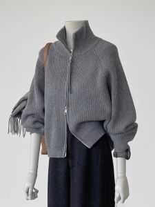 Thickened High Collar Knitted Sweater Coat Womens Loose Shoulder Sleeve Insert Design Dual Zipper Autumn Winter Fashion Outerwear