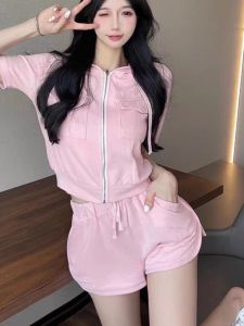Zipper Hoodie Womens Outfit Summer New Age Reduction Casual Shorts Two-Piece Set Polyester Fiber Short Sleeve Zipper Hooded