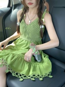 Summer New Gentle Forest System INS White Show Strap Dress Knitted Splicing Loose Slimming Skirt High Waist A-Line Dress