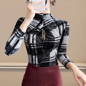 REHIN เสื้อครึ่งตัวลายทางกึ่งเสื้อตาข่ายลูกปัดกลวงเข้ารูปพอดีแขนยาวฤดูใบไม้ร่วงฤดูหนาวหรูหรา