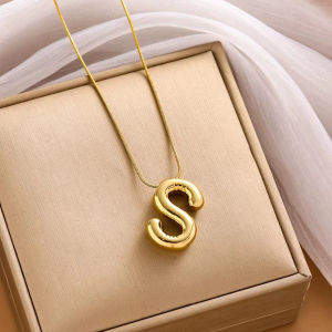 A-Z Alphabet Gold Plated Pendant Necklace Puffy Bubble Stainless Steel Initial Letter Necklace  for Women