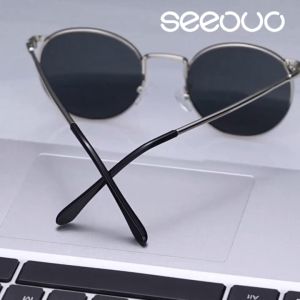 Seeouo Sunglasses Polarized Lens Model Bulat Retro Metal UV 400 Protection Anti Silau Fashionable Pria Wanita Vintage Stylish 9202
