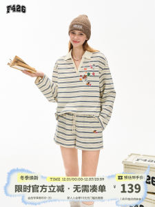 F426 Store American Style V-neck Stripe Print Sticker Couple Match Loose Fit Long Sleeve T-shirt Casual Spring Autumn Wear