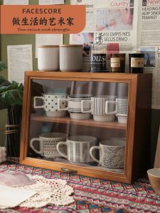 Retro Wooden Desktop Coffee Cup Display Cabinet Tea Set Storage Rack Organizer Dustproof Cover Acrylic Two-layer Stand