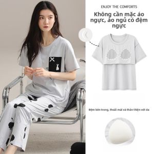 MiiOW | Bộ đồ ngủ cotton nguyên chất mùa hè cho nữ có đệm ngực Bộ đồ ngủ cotton dài tay quần short mặc ở nhà thoải mái thoáng khí