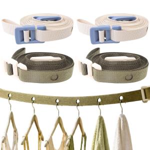 Adjustable Woven Strap Clothesline / Retractable Non-slip Nylon Laundry Line with Hanging Points / Outdoor Travel Clothes Hanger Storage Tool