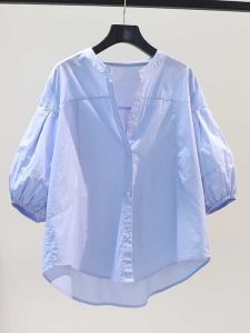 Korean Style Mid-Sleeve Cotton Shirt Womens Clothing Tagless Tailend Batch Loose Fit Button Detail Pure Color Summer Shirt