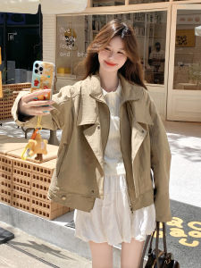Khaki Korean Style Loose Fit Womens Short Coat Fake Two-Piece Autumn New Arrival Versatile Small Size Commute Windbreaker