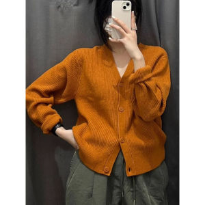 Áo Cardigan Dệt Kim Rộng Rãi Màu Cam Áo Len Phong Cách Lười Biếng Cổ Điển Mẫu Mới Đầu Thu Cho Nữ Áo Phối Dệt Kim Bé Gái Kho Báu