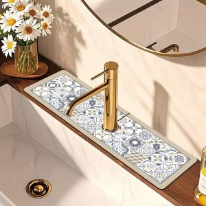 VIKAMA Blue and Gold Vintage Floral Tile Sink Drain Mat – Non-Slip Quick-Drying Kitchen Faucet Countertop Absorbent Mat