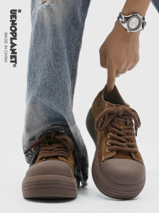 Mickey Large Head Shoes 2025 New Velvet Thick Bottom Heightening Couple Shoes Brown Deer Skin Retro American Casual Board Shoes