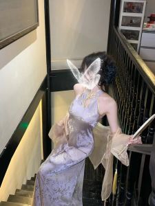 Váy Dài Không Tay Màu Tím Gợi Cảm Sun Ya Qiao Mùa Hè Phiên Bản Mới Của Trang Phục Dân Tộc Trung Quốc Váy Dài Cạp Cao Thường Ngày