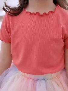 Ice silk short-sleeve T-shirt girls summer clothing striped style childrens tops baju budak perempuan