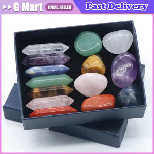 7pc Hexagonal Column and Tumbled Stone Natural Gemstone Energy Reiki Healing Quartz Crystal 7 Chakra Decorative Craft Gift Box