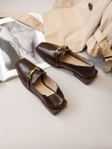 British Style Womens Flats Lazy One-Touch Loafers Square Head Fashion Single Shoes Comfortable Rubber Sole Oil Tanned Leather