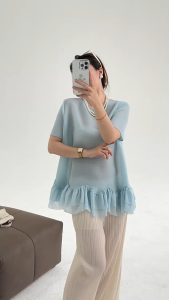 Summer new short sleeved T-shirt round neck ruffled edge design pullover fashionable versatile top
