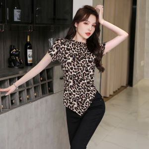 2025 Winter New Style Slim Fit Long Sleeve Leopard Print Base Shirt Womens T-Shirt Korean Style Commute Classic Polyester Cotton Blend