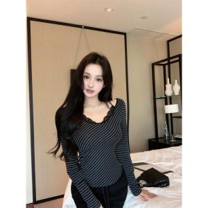 Lace Splice Striped Long Sleeve Womens T-shirt Base Shirt Inner Wear Beautiful Pure Desire Autumn Fashion Commute Style Slim Fit