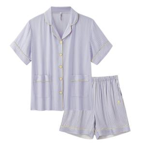 YOUKESHU | Summer Lightweight Short Sleeve Open Cardigan Sleepwear Set For Women Home Leisure Striped Pattern Thin Fabric Home Clothes