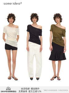 Some Idea Womens Slim Fit Short Sleeve T-Shirt Lyocell Wool Blend Slight Shoulder Ruffle Boat Neck Casual Vintage Loose Fit