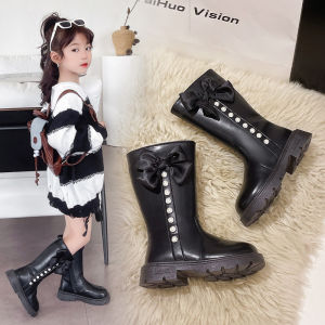 Giày Bốt Cao Gót Cho Bé Gái Mùa Thu Đông Mới Về Giày Bốt Da PU Mềm Màu Đen Có Lót Lông Cừu Giày Bốt Công Chúa Thời Trang