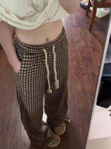 American Retro Brown Woolen Plaid Pants Children Fall and Winter 2024 New Arrival Loose Easiest for Match Casual Straight-Leg Loose Pants