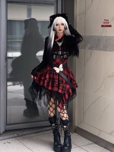 Gothic Dark Plaid Lace Splicing Irregular Dress Long Sleeve Set Autumn New Millennium Rock A-Line Skirt Polyester Fiber