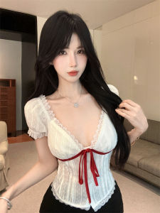 GUZILIAN | French Vintage Lace Trim Color Block Butterfly Knot V-neck Bubble Sleeve T-shirt Summer Pure Desire Waist-cinching Short Top