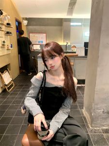 VKSOD | Laid-back Plaid One-Shoulder Short Shirt Top And Wide-Leg Pants Set Long Sleeve Casual Style Summer Collection Womens Fashion