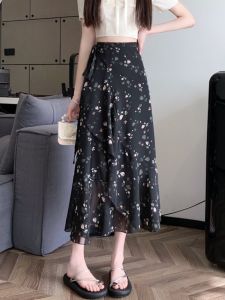Floral High Waist Midi Skirt Womens Summer 2025 New Belted Asymmetrical Fairy One-Piece Chiffon Skirt Bodycon A-Line Skirt