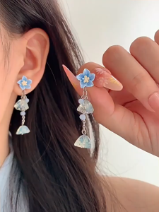 good 999 Fashionable blue flower crystal tassel temperament long earringsES63778