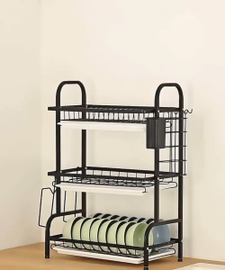 HomeVibe 2/3-Tier Carbon Steel Dish Rack with Drainer Dish Drying Rack Kitchen Countertop Plate Organizer Storage Shelf Rack
