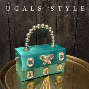 UGALS สไตล์ฝรั่งเศส Shiny Water Diamond ผ้าไหม Box Party Butterfly Knot Small Square Handbag กระเป๋าสะพายไหล่สําหรับหญิงสาว