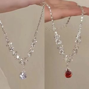Super Shiny Zircon Waterdrop Pendant Necklace Versatile Fashionable Dainty Choker Jewelry White Moonlight  out Alloy Material