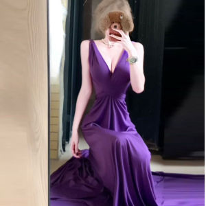 CHANGTONG | Váy bó eo gợi cảm cổ chữ V hở lưng dây buộc quấn cổ váy sinh nhật cao cấp váy dài đến sàn mùa xuân thường ngày