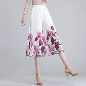 กางเกงขายาวผ้าชีฟองหลวมพิมพ์ลายฤดูร้อนสำหรับผู้หญิง ทรงเอวสูง ทรงสลิม ทรงหลวม กางเกงขายาวทรงหลวม ทรงสลิม เอวสูง ทรงหลวม