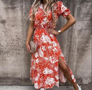 ชุดเดรสแขนสั้นผ้าผสมโพลีเอสเตอร์ลายดอกไม้ฤดูร้อน กระโปรงทรงเอเอวกลาง คอวี แขนสั้น ชุดทำงานสไตล์ย้อนยุค