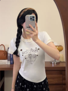 Cartoon Heart Print Short Sleeve T-Shirt Womens Lace Splice Slim Fit Short Style Top Korean Version Cotton Blend Summer New